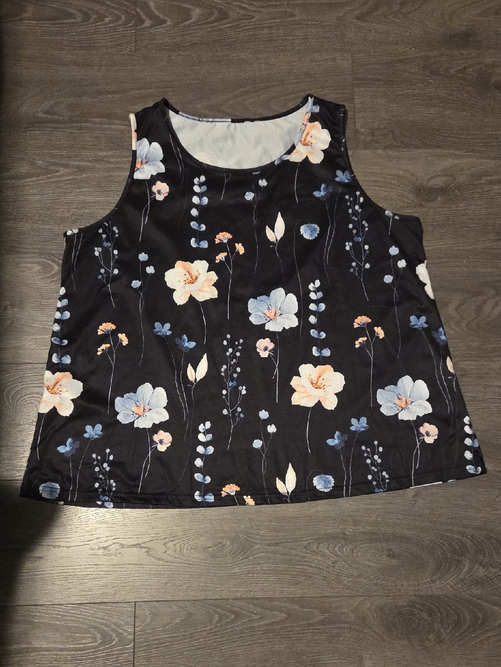 Floral Scoop Neck Tank Top in Black with Blue & Cream Blooms
